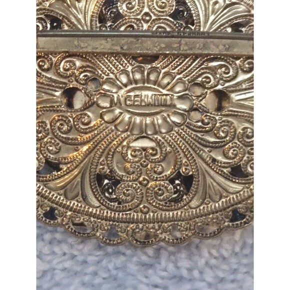 West Germany Hematite Glass Rhinestone and Pearls Gold Filigree Vintage Pendant - Picture 6 of 15